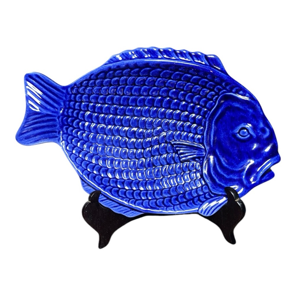 Blue Ceramic Fish-Shaped Glossy Pottery Platter Serveware